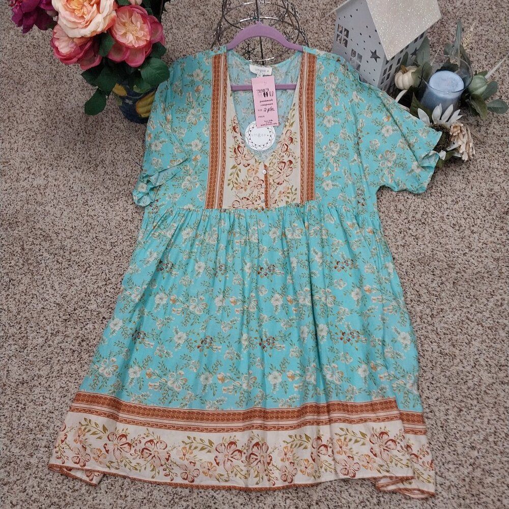 2XL Umgee Teal Green Boho Dress, NWT